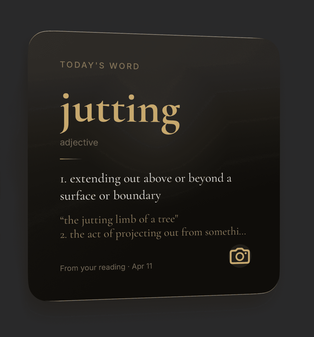 Lupa Today's Word large widget on iOS — full definition, example sentence, and the date you first looked the word up